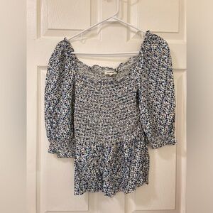 Blue Floral Quarter Sleeve Blouse Size Large